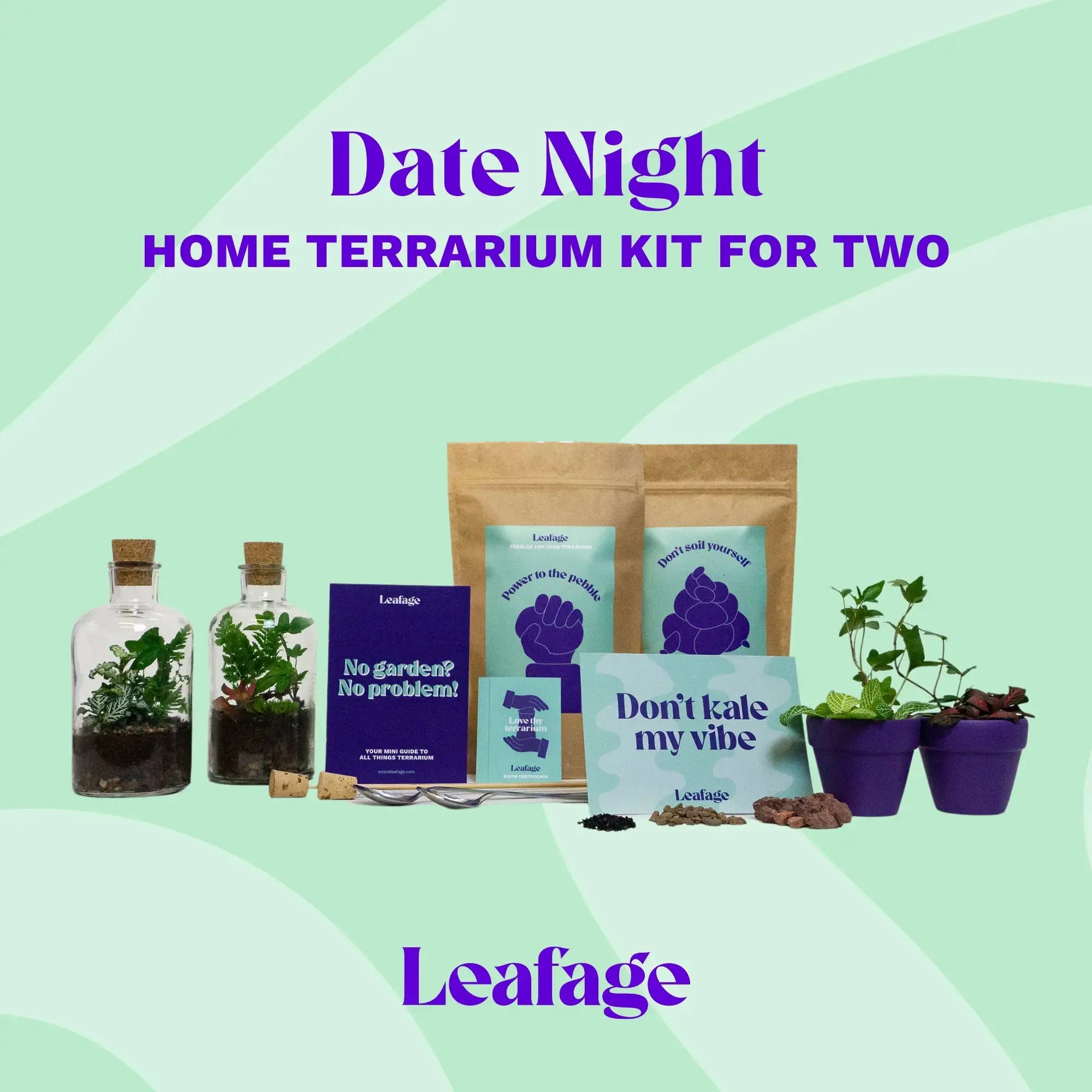 Flat‑lay of the Date Night terrarium kit showing jars, soil bags, plant cuttings and an instruction booklet.