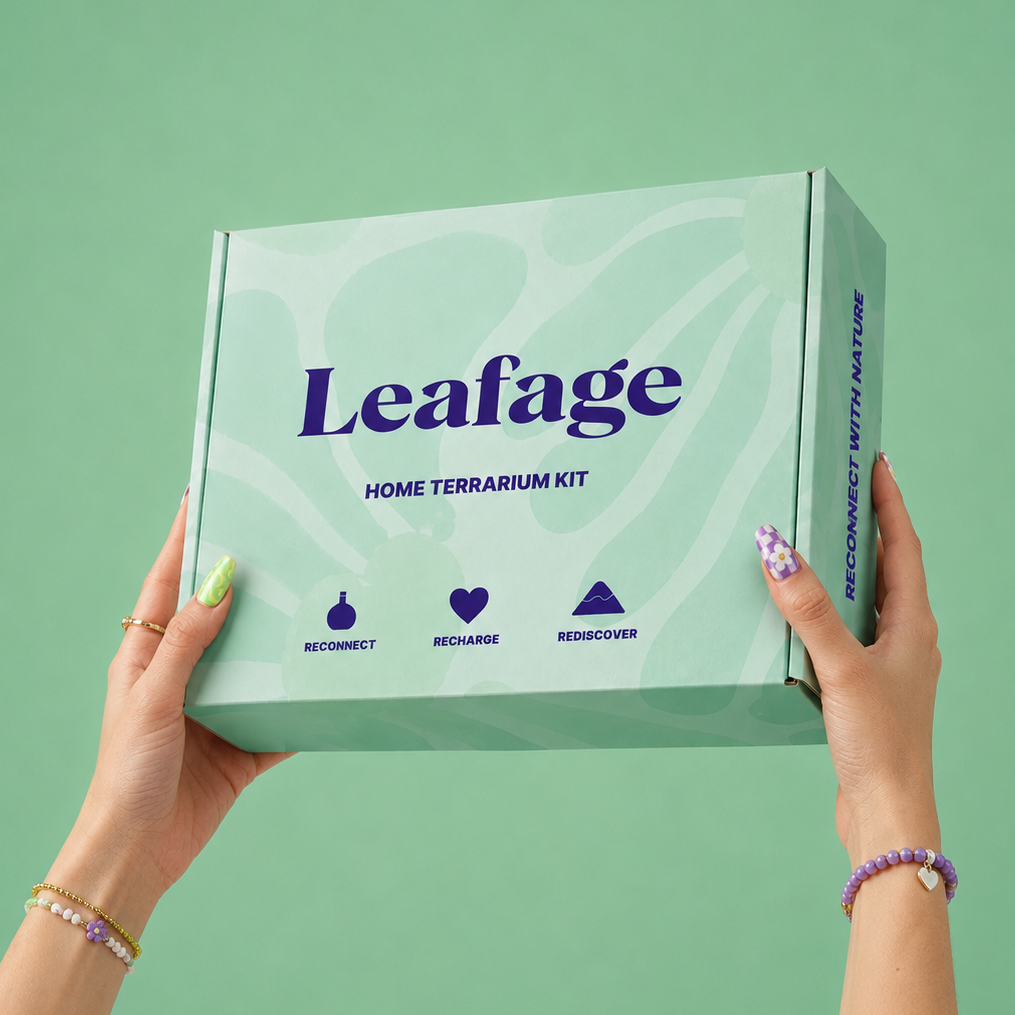 Leafage home terrarium kit box held by hands against a green background